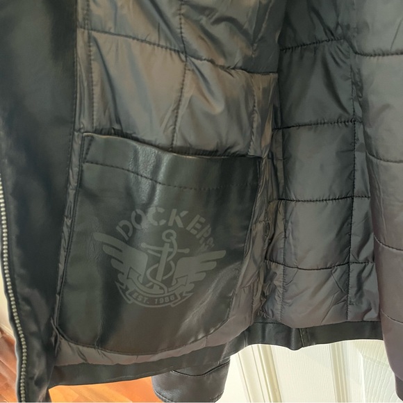 Cozy Dockers Bomber Jacket Faux Leather Brown Quilted Lining Size L - Picture 9 of 12